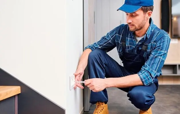 Electrician screwing an electrical outlet plate to a wall